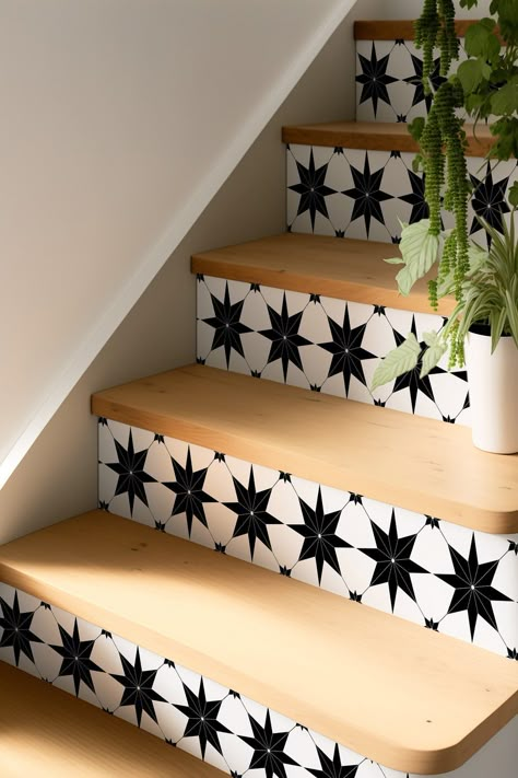 Boho Star Tile Stair Sticker Peel and Stick Stair Riser - Etsy Stair Riser Ideas, Stenciled Stairs, Vinyl Stair Risers, Garage Stairs, Stair Riser Vinyl, Wallpaper Stairs, Stair Kits, Vinyl Stairs, Stairs Renovation