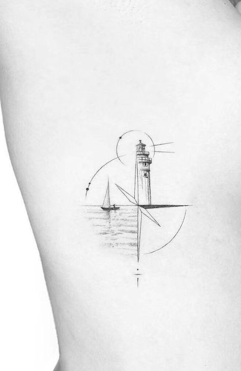 Lighthouse Tatoos Small, Lighthouse Small Tattoo, Pheonix Minimalistic Tattoo, Small Sea Inspired Tattoos, Geometric Sailboat Tattoo, Sea Themed Matching Tattoos, Sailboat And Lighthouse Tattoo, Lighthouse Tattoo Women, Geometric Lighthouse Tattoo