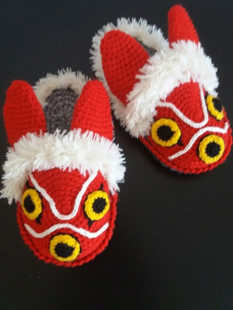 Princess Mononoke Crochet Pattern, Crochet Princess Mononoke, Studio Ghibli Crochet, Anime Slippers, Crochet Princess, Animal Knitting Patterns, Crochet Clothing And Accessories, Princess Mononoke, Crochet Winter