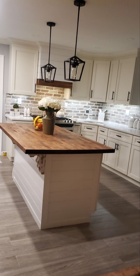 Kitchens With Short Ceilings, Kitchen Islands With Shiplap, Add Shiplap To Kitchen Island, Adding An Island To Kitchen, New Home Renovation Ideas, Shiplap Peninsula Kitchen, Modest Kitchen Remodel, Shiplap Range Hood Cover, Smaller Kitchen Remodel