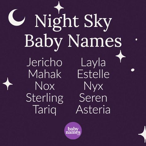 The night sky dark, mysterious, and full of beautiful sights. Why not use it as an inspiration for a baby name? Click through to see the full list of 30 names! Mysterious Names For Characters, Night Sky Names, Names Meaning Night, Names That Mean Darkness, Dark Names For Boys, Unique Names Meaning, Sky Names, Night Names, Mysterious Names