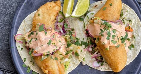 Baja Style Seabass Tacos Sea Bass Tacos, Salmon Fish Tacos, Sea Bass Recipes, Roasted Cod, Fresh Tuna, Black Bean Sauce, Fried Salmon, Seafood Market, Spicy Mayo