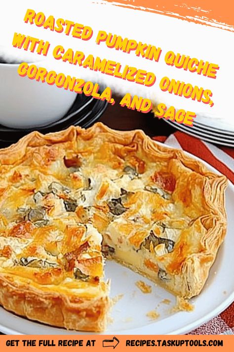 Discover a delightful blend of autumn flavors with this Roasted Pumpkin Quiche. Perfectly layered with caramelized onions and creamy Gorgonzola, this quiche is elevated by a hint of fragrant sage. Ideal for brunch or a comforting dinner, this recipe showcases a golden, flaky crust filled with a rich and savory filling. Whether you're entertaining or simply savoring a gourmet meal at home, this dish promises a delicious taste of seasonal produce in every bite. Follow our easy steps for a foolproof qu Pumpkin Quiche, Tart Recipes Savory, Butternut Squash Sage, Sage Recipes, Fall Pies, Comforting Dinner, Fall Brunch, Fall Comfort Food, Seasonal Produce