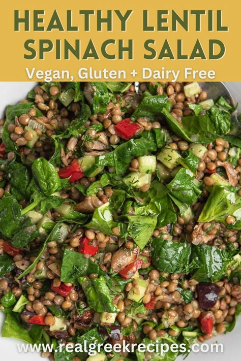 Spinach And Lentil Salad, Lentil Bean Salad, Spinach And Lentils, Brown Lentil Salad Recipes, Lentil Spinach Recipes, Lentil Spinach Salad, Vegan Spinach Salad Recipes, Vegan Spinach Salad, Legume Salad