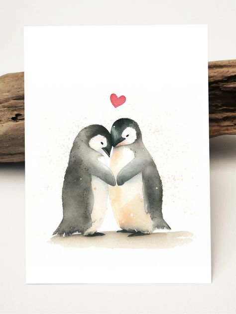 Couple Drawing Watercolor, Penguins In Love Drawing, Love Bird Watercolor, I Love You Watercolor, Penguin Love Drawing, Valentine Card Ideas Watercolor, Valentine's Watercolor Art, Watercolor For Valentines Day, Watercolor Couple Art