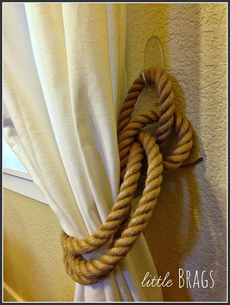 DIY Rope Tie Backs -- Restoration Hardware Inpired Rope Curtain Tie Back, Rope Tie Backs, Farmhouse Nursery Decor, Rope Curtain, Curtains Pictures, Restoration Hardware Inspired, Pallet House, Rope Tie, Command Hooks