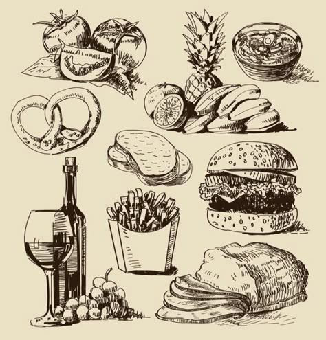 vintage food illustrations Food Vintage Illustration, Drawing Food Ideas, Food Illustrations Vector, Vintage Food Illustration, Food Sketch Pencil, Food Sketch Illustration, Drawing Of Food, Drawings Of Food, Draw Food