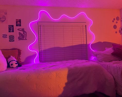 Squiggly Led Light, Led Lights Dorm Room, Single Dorm Room, Purple Desk, Wavy Hair Care, Bed With Led Lights, Window Room, White Rooms, College Dorm