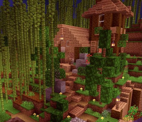 This gorgeous, aesthetic jungle wood home was built by Emma! It is on a hidden area equipped with a man-made pond and farm area. [not aware of the texture packs/shaders used] #MacaveraAnarchy Jungle Biome Builds, Minecraft House Jungle Wood, Jungle Wood Builds Minecraft, Jungle Hut Minecraft, Jungle Wood House Minecraft, Jungle Home Minecraft, Jungle Minecraft Houses, Minecraft Jungle Builds, Jungle Houses