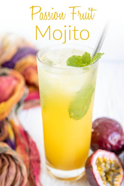 This Passion Fruit Mojito is sweet and fruity. Made with seedless pureed passion fruit, it comes together in minutes. Fruit Mojito Recipe, Vegan Holiday Drinks, Passionfruit Mojito, Fruit Mojito, Passion Fruit Mojito, Mojito Ingredients, Passionfruit Recipes, Passion Fruit Juice, Vegan Lunch Recipes