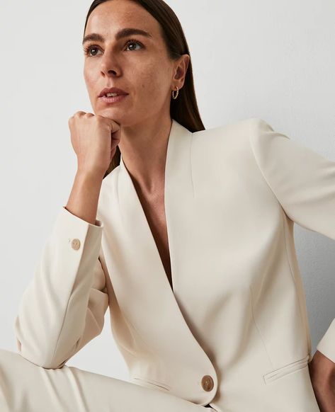 The Shorter One Button Blazer in Fluid Crepe | Ann Taylor Jacket Inspiration, Collarless Blazer, One Button Blazer, Blazer Buttons, Seville, Effortless Style, Ann Taylor, Blazer, Clothes