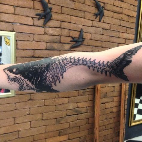 Shark Leg Tattoo Men, Big Shark Tattoo, Shark Jaw Tattoo Design, Shark Gills Tattoo, Megalodon Tattoo, Dark Shark Tattoo, Shark Forearm Tattoo, Shark Teeth Around Knee Tattoo, Shark Jaw Tattoo Knee