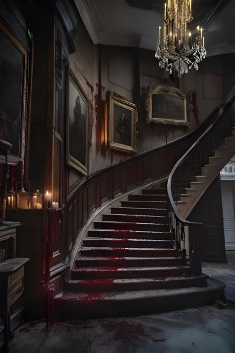 Spooky Staircase, Horror House Interior, Dungeon Interior, Spooky Mansion Interior, Haunted Kitchen, Vampire Lord Aesthetic, Villain Lair, Horror Mansion, Creepy Castle Interior