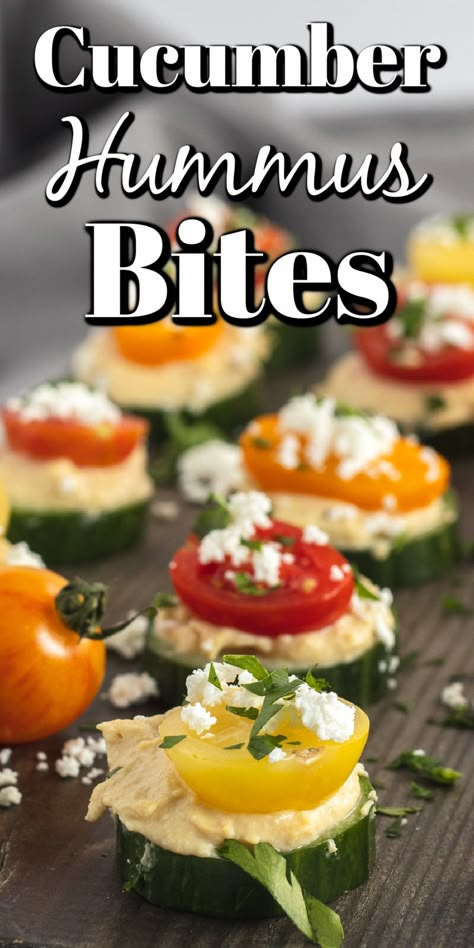 Vegetarian Appetizers Finger Foods, Hummus Bites, Light And Fresh Appetizers, Fresh Vegetable Appetizers, Healthy Vegetable Appetizers, Cucumber Hummus, Vegetable Starters Appetizers, Salad Bites Appetizers, Veggie Finger Foods Appetizers