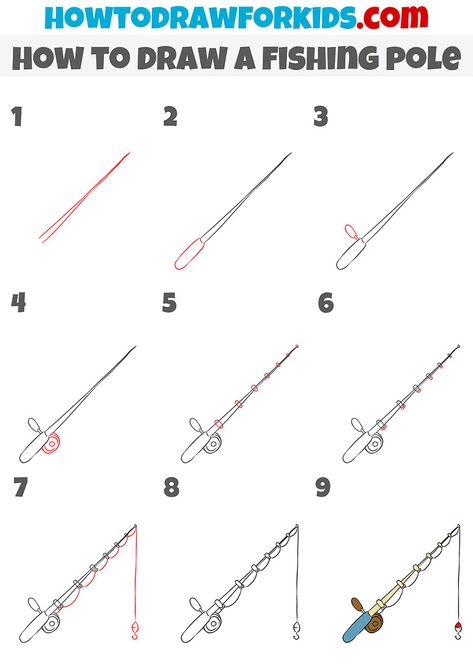 how to draw a fishing pole step by step How To Draw Fishing Pole, Easy Fishing Drawing, Fishing Pole Drawing, How To Draw Chains, Fishing Drawing, Draw Objects, Step Ideas, Anatomy Chart, Man Fishing