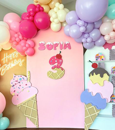 Can’t wait for all the cutest summer party themes! Here’s “Sofia is 3 scoops of fun” 3rd birthday party from last summer. #icecream #icecreamparty #sweetone #birthdayparty #kidsbirthday #thirdbirthday #birthdayideas #pastel #sweet #summerparty #3scoopsoffun #threescoopsoffun #scoopsoffun #icecreamcutouts #charlotteballoons #cltballoons #charlottepartyplanner #cltpartyplanner #partydecor #eventdecor #partyrentals #eventrentals #partyplanner #eventplanner #rentals #babyshowet #anniversary #wed... Three Scoops Of Fun Birthday Party, 3 Scoops Of Fun Birthday, Summer Party Themes, Fun Birthday Party, 9th Birthday Parties, Ice Cream Party, Third Birthday, 9th Birthday, Party Rentals