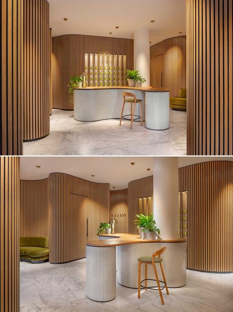 Undulating Wood Walls Create A Sense Of Calm Inside This Massage Boutique Playroom Wallpaper, Curved Wall, Timber Slats, Shop Bag, Wood Slat Wall, Leasing Office, Reception Counter, Wood Walls, Bedroom Wall Paint