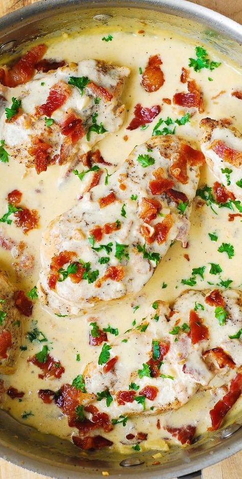 Asiago Chicken with Bacon Cream Sauce – tender and moist chicken breast cooked with lemon, garlic, bacon, in a delicious Asiago cheese cream sauce. #Asiago #chicken #chickenbreasts #bacon #creamsauce #chickenrecipes Cream Cheese Dinner, Chicken With Bacon Cream Sauce, Recipes Using Cream, Bacon Cream Sauce, Using Cream Cheese, Recipes Using Cream Cheese, Asiago Chicken, Chicken With Bacon, Cheese Dinner