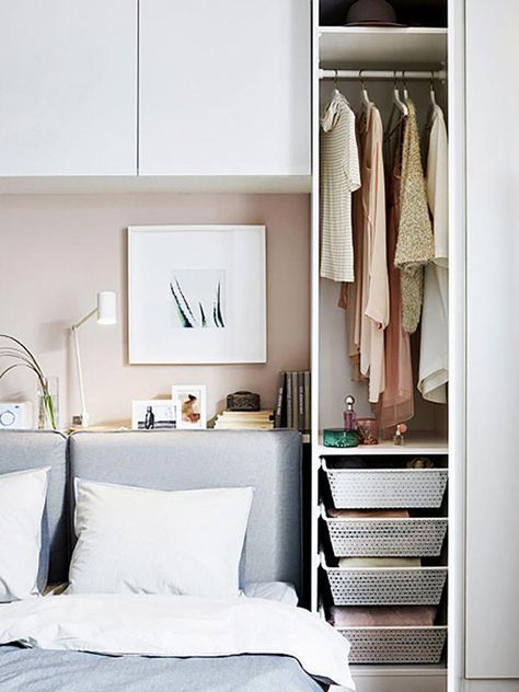 Feel cramped at home? This is how an IKEA expert would make your room feel bigger without renovating. #tinybedroomideas Bedroom Storage For Small Rooms, Ikea Bedroom Storage, Small Apartment Storage, Cozy Small Bedrooms, Small Apartment Bedrooms, Small Bedroom Storage, Apartment Storage, Ikea Bedroom, Build A Closet