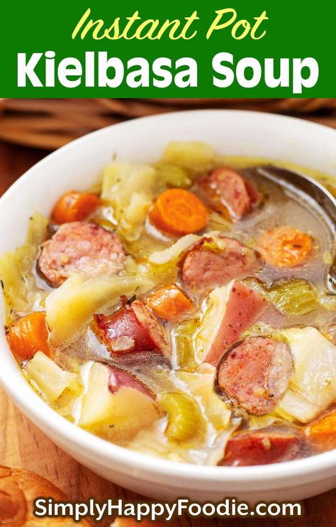 Instant Pot Kielbasa Cabbage Potato Soup is a Fall soup iso delicious! This simple and rustic soup has a rich broth and chunky carrots, green cabbage, and tasty smoked kielbasa. This pressure cooker Kielbasa Cabbage Potato Soup recipe is one of my family's favorites! simplyhappyfoodie.com , instant pot soup, instapot soup, soup dinner, instapot recipes, instant pot recipes, instant pot kielbasa soup Kielbasa And Cabbage Soup Recipes, Kielbasa Cabbage Potato Soup, Kielbasa Recipes Soup, Kielbasa Soup Instant Pot, Kielbasa Cabbage Soup, Kielbasa And Cabbage Soup, Instapot Cabbage, Cabbage And Kielbasa Soup, Dinner Instapot