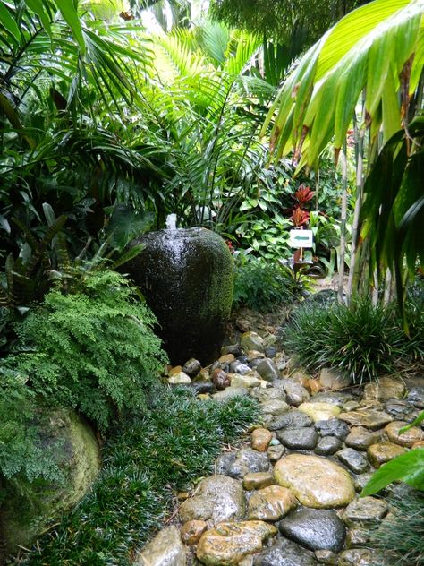 Last weekend, feeling the need for some more tropical inspiration I drove up to Sunnybank in Queensland to visit Dennis Hundscheidt’s open garden. Heavy rain and flash flooding had been forecast fo… Backyard Entrance, Bubble Fountain, Tropical Gardening, Tropical Backyard Landscaping, Tropical Inspiration, Rock Path, Flagstone Pathway, Bali Garden, Balinese Garden