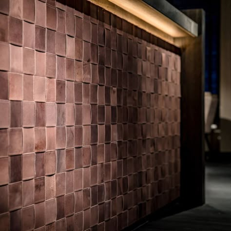 Leather bar, wall inspiration, leather wall finish, luxury leather Leather Panels Wall, Leather Wall Design, Commercial Accent Wall, Leather Accent Wall, Leather Art Wall, Texas Ranch Interior, Fabric Wall Panelling, Leather Architecture, Feature Wall Interior Design