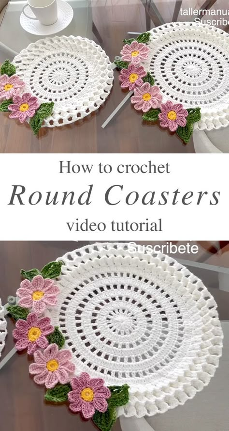 Crochet Round Coaster With A Floral Touch - CrochetBeja Round Table Crochet Patterns, Crochet Interior, Crochet Flower Coaster, Round Crochet Doily, Crochet Cup Coaster, Coaster Tutorial, Coaster Patterns, Coasters Crochet, Crochet Flower Blanket