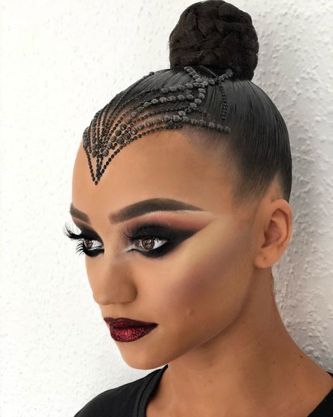 Hairstyle & makeup for beautiful Lisa🖤💣👑 #goc2018 #hairstyle Latin Dance Hair Styles, Ballroom Competition Hair Hairstyles, Latin Ballroom Hairstyles Tutorial, Ballroom Competition Makeup, Dancesport Makeup, Ballroom Latin Hair, Recital Makeup, Latin Makeup, Latin Hairstyles