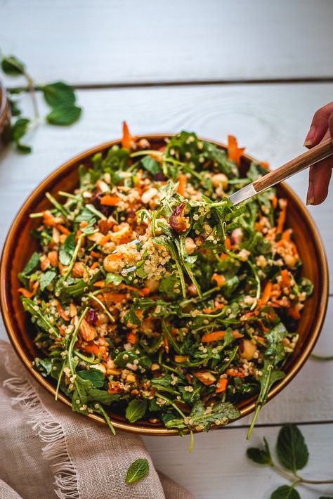 Moroccan Carrot and Chickpea Salad (with quinoa) | Two Spoons Passover Salad, Salad Dressing Vegan, Recipe With Quinoa, Moroccan Carrot, Salad With Quinoa, Chickpea Salad Recipe, Moroccan Carrots, Spiralized Sweet Potato, Moroccan Salad