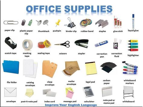 Office supplies. Esl Vocabulary, Improve Your Vocabulary, Learn Business, Marker Paper, English Vocab, Classroom Language, English Tips, English As A Second Language, Learn English Vocabulary