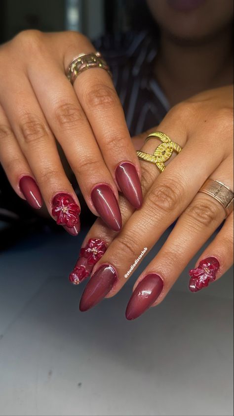 Maroon Dark Red Aura and 3D sculpted flowers medium almond Nails Dark Red Nails With Pearls, Red 3d Nails, Burgundy Nails With 3d Flower, Aura Nails Burgundy, Red 3d Flower Nails, Dark Red Flower Nails, Red Aura, Dark Red Nails, Maroon Nails