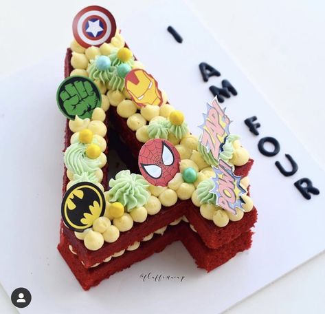 Superhero Number Cake, Marvel Number Cake, Number 4 Cake Boy, Number Cakes For Boys, 4 Cake Number, Spiderman Birthday Party Food, Number 5 Cake, Number 4 Cake, Number 3 Cakes