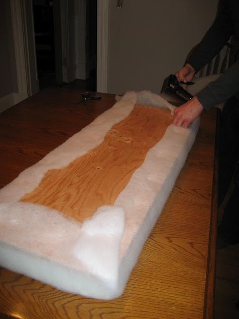 DIY Cushion for bench seat~Attach the foam to a piece of  plywood using spray adhesive. Then, wrap the plywood and foam with cotton batting and staple on the fabric. Cushion For Bench Seat, Cushion For Bench, Bench Seat Cushion, Spray Adhesive, Diy Cushion, Bench Seat, Window Seat, Reupholster, Furniture Projects