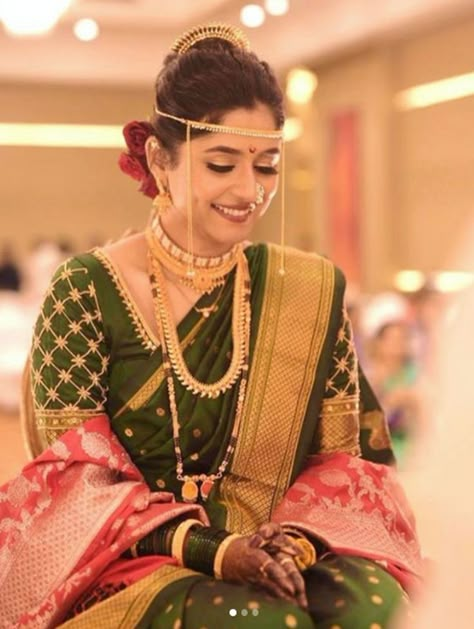 Maharashtrian Bride Styles Maharashtrian Bride Jwellary, Marathi Bride Green Saree, Marathi Wedding Look For Women, Bridal Maharashtrian Look, Marathi Bridal Jewellery, Maharashtrian Engagement Bride, Shalu Saree Maharashtrian For Bride, Shalu Saree Maharashtrian, Sakharpuda Maharashtrian Look