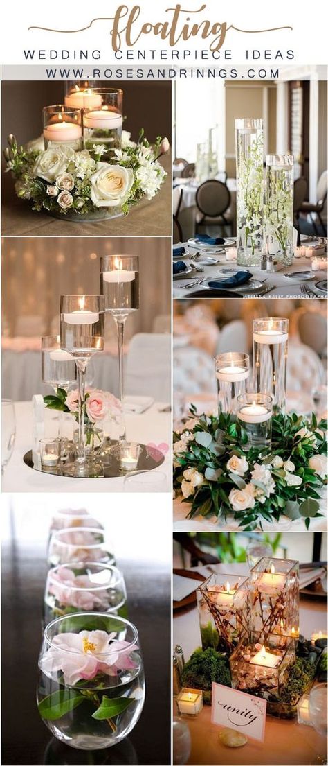 20 Floating Wedding Centerpiece Ideas | Roses & Rings - Part 2 Enchanted Wedding Table Decor, Trending Wedding Centerpieces, Simple Wedding Centerpieces Long Tables, Floating Candle Wedding Centerpieces, Wedding Guest Table Ideas, Simple Wedding Centerpieces Diy, Wedding Guest Table Centerpieces, Pearl Wedding Centerpieces, Simple Table Centerpieces