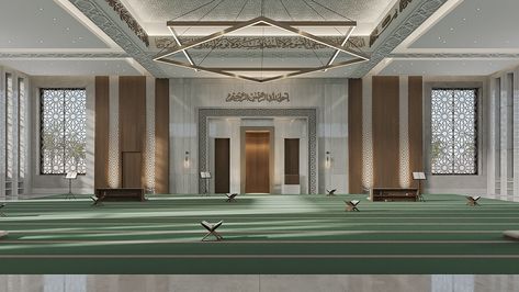 Main Hall of Masjid Al-Hikma: A Blend of Tradition and Modernity featuring fabulous marble, and elegant wood accents. Soft lighting highlights Islamic patterns and calligraphy, creating a serene and reflective space. - - - - - - #interiordesign #interiorinspo #interiordaily #interiorstyle #interiorinspiration #3dvisualization #designinspiration #design #designinterior #visualart #visualization #3dmax #modern #art #luxurylifestyle #luxury #islamic #architecture #masjed Masjid Door Design, Mihrab Design Modern, Masjid Interior Design Modern, Small Mosque Design Interior, Mosque Interior Design, Mihrab Masjid, Interior Masjid, Islamic Arch, Mosque Interior