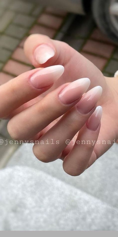 French Fade Nails Oval, Fading French Nails, Faded French Tip Nails Almond, Almond Nail Ombre French, American Manicure Nails Acrylic Almond, American Manicure Oval Nails, Bridal Nails Almond Shape Ombre, Faded French Nails Almond, Oval Nail Ombre