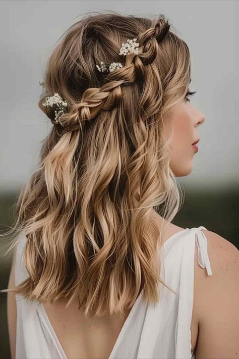 Boho-inspired braids and waves for a romantic and effortless wedding hairstyle. Wedding Hairstyles For Wavy Hair Natural, Mid Wedding Hair, Wedding Hair For Wavy Hair, Wedding Hair Down Flower Crown, Medium Length Boho Wedding Hair, Medium Length Wedding Hairstyles Boho, Bridal Hairstyles Mid Length Hair, Lotr Wedding Hair, Bridal Hairstyles Fine Hair