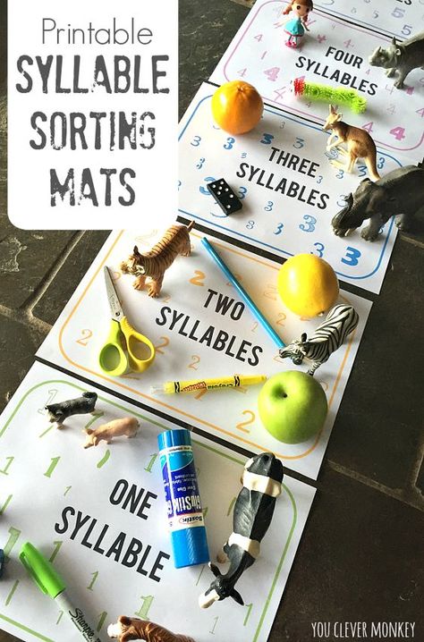 Printable Syllable Sorting Mats - print your own numbered syllable sorting mats to use at home or in the classroom with your preschooler to sort objects according to their number of syllables | you clever monkey Syllable Deletion Activities, Syllable Activities, Teaching Syllables, Counting Syllables, Syllables Activities, Literacy Centres, Phonological Awareness Activities, Sorting Mats, Phonemic Awareness Activities