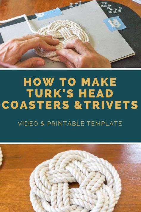 Video, Printable Template and Step-by-step instructions showing how to make a flat Turk's Head coaster or trivet. These make great gifts and are an fun diy idea! Plus, link to the rope I found that work's best. Turks Head Knot Coaster, Woven Coasters Diy, Turks Head Knot Tutorial, Rope Crafts Diy Ideas, Rope Coasters Diy, Nautical Rope Crafts, Nautical Coasters, Diy Rope Design, Rope Trivet