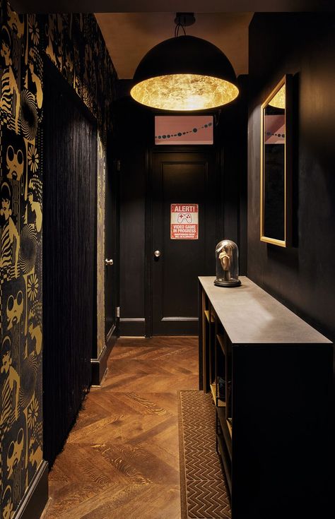 Moody Art Deco, Dark Entryway, Moody Spaces, Art Deco Entryway, Entryway Design Ideas, Entryway Design, Moody Art, Basement Apartment, Entry Way Design