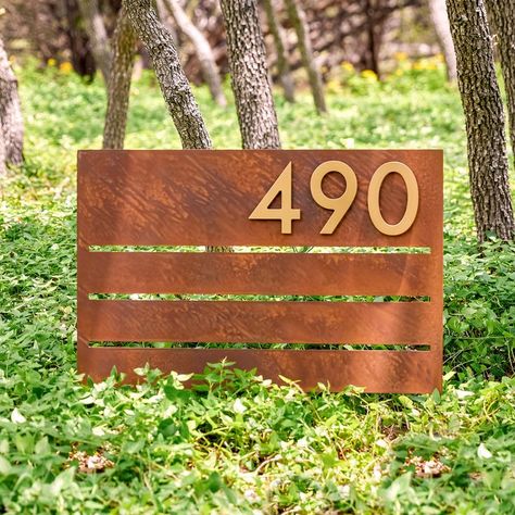 Make a statement with this large 20x30 yard sign and 6"H brass numbers. Steel Address Sign, Address Signs For Yard, Driveway Entrance Landscaping, Rust Patina, Georgetown Tx, Lawn Sign, Address Numbers, House Number Sign, Address Plaque