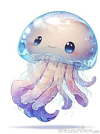 charming-illustration-features-adorable-kawaii-jellyfish-delightful-expression-jellyfish-depicted-translucent-pastel-colored-bell-tentacles-giving-soft-whimsical-appearance-large-sparkling-eyes-subtle-blush-add-to-its-cuteness-making-endearing-piece-art-perfect-children-s-books-stationery-decor-kawaii-jellyfish-brings-touch-joy-whimsy-to-any-setting Jellyfish People, Kawaii Jellyfish, Charming Illustration, Sparkling Eyes, Art Toy, Cartoon Design, Jellyfish, Blush, Pastel