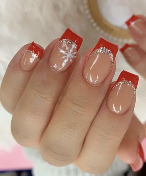 Square Shaped Christmas Nails, Red French Snowflake Nails, Red French Tip Nails Snowflake, Red French Tip With Snowflake Nails, Christmas Nails Acrylic Short Square Red, Red French Tip Christmas Nails With Snowflake, Christmas Acrylics Square, Red French Tip Nails With Snowflakes, Short Christmas Nails Square