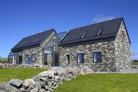 In touch modern stone cottage Ireland Cottage Extension, Swiss Cottage, Stone Cottages, Glass Extension, Glass Staircase, Irish Cottage, Cottage Renovation, Cottage Exterior, Luxury Cottage