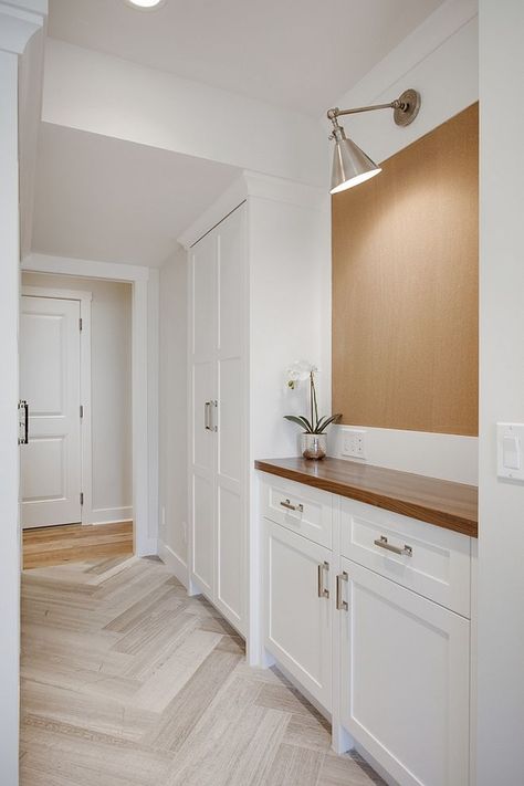 Mudroom Cabinetry, Walnut Countertop, Farmhouse Mudroom, Mudroom Cabinets, Mudroom Flooring, Hallway Cabinet, Narrow Cabinet, Farmhouse Renovation, Mudroom Design