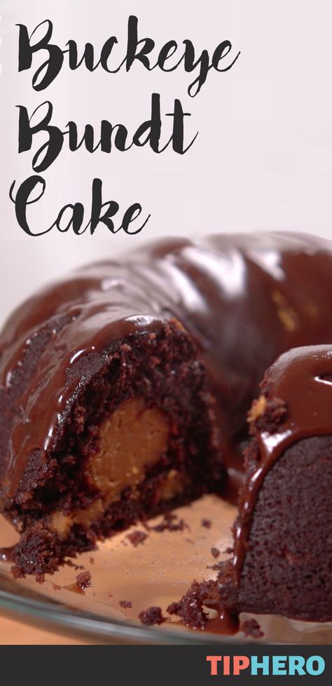 Buckeye Bundt Cake Recipe| Chocolate cake with a chocolate glaze with a peanut butter cream cheese filling? Yes, please! This is no ordinary cake! Click for the recipe and how to video. #cakes #desserts #sweettreats #chocolatelovers Bundt Cake With Cream Filling, Buckeye Cake Recipe, Buckeye Bundt Cake Recipe, Tunnel Of Fudge Bundt Cake Recipe, Buckeye Bundt Cake, Bundt Cake Recipes Chocolate, Cake Recipe Chocolate, Peanut Butter Cream Cheese, Peanut Butter Cream