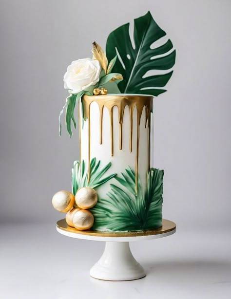 Drip Cakes — CAKE EMPORIO Tropical Jungle Cake, Green And Gold Drip Cake, Tropical Birthday Cake Ideas, Plant Theme Cake, Plant Cake Design, Tropical Cake Design, Green And Gold Birthday Cake, Tropical Cake Ideas, Plant Cakes Ideas