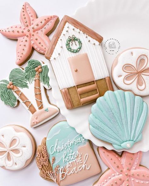 Beach Christmas Cookies, House Cookies Decorated, Seashell Cookies, Hawaiian Cookies, Starfish Cookies, House Cookies, Beach Cookies, Decorative Cookies, Royal Icing Sugar