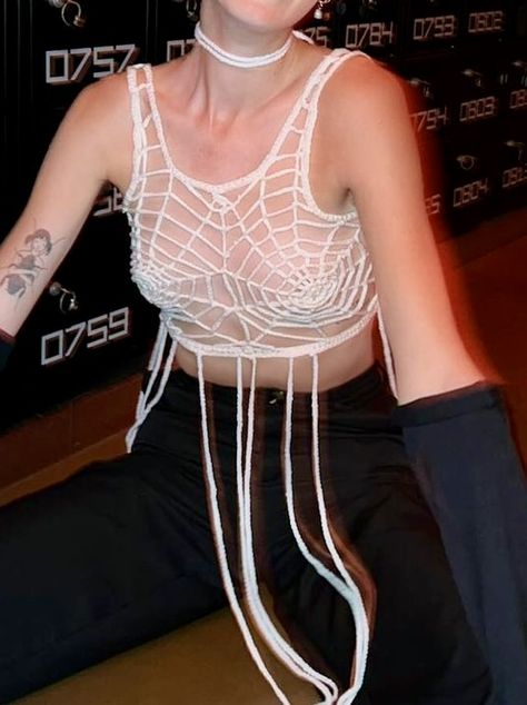 by @/twoshortnails on ig Spider Rave Outfit, Spiderweb Outfit, Spiderweb Crochet Top, Alt Tops, Spider Web Top, Spiderweb Crochet, Artistic Clothes, Spiderweb Top, Crochet Spooky